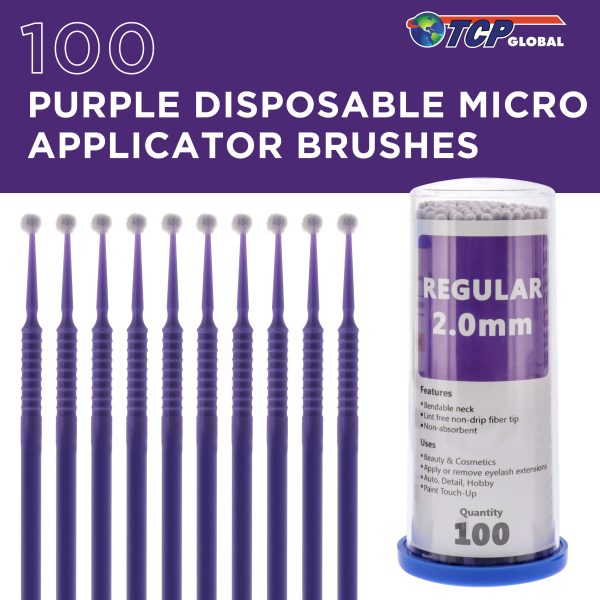 TCP Global Eyelash Extension Micro Brushes, 100 Medium 2.0 mm Tip Size Purple Disposable Brush Applicators - Apply Makeup, Paint Touch Up Fashion - Image 2