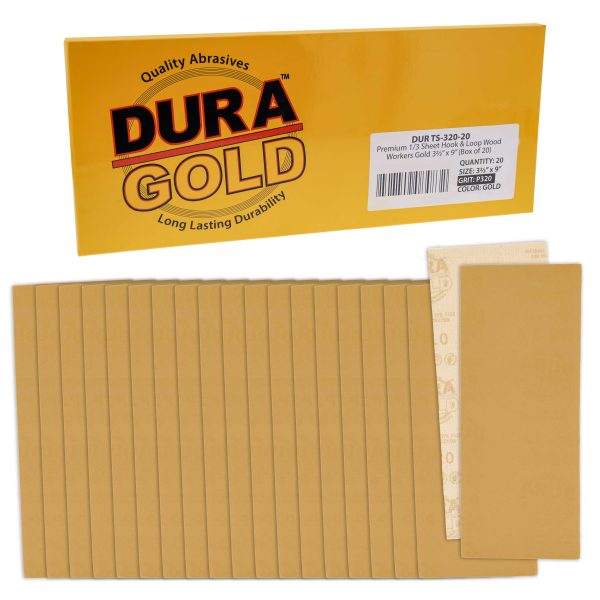 320 Grit - 1 3 Sheet Size Wood Workers Gold, 3-2 3  x 9  with Hook & Loop Backing - Box of 20 Sheets - Jitterbug Sander Cheap