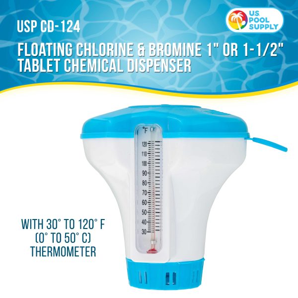 U.S. Pool Supply® Spa, Hot Tub, Small Pool, 4-1 2  Diameter Floating Chlorine & Bromine Chemical Dispenser with 120° F Thermometer, 1  or 1-1 2  Tablet on Sale - Image 2