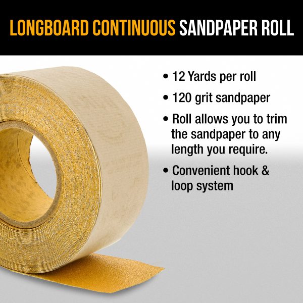 Dura-Gold Premium 120 Grit Gold Longboard Continuous Sandpaper Roll, 2-3 4  Wide, 12 Yards Long, Hook & Loop Backing - Automotive, Woodworking Sanding Cheap - Image 4