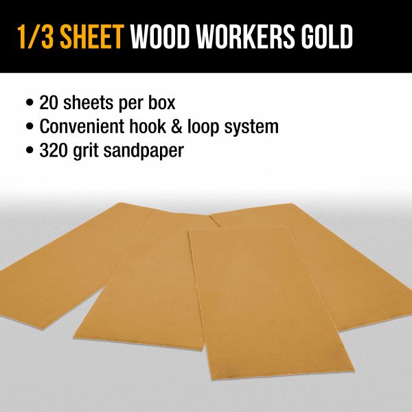 320 Grit - 1 3 Sheet Size Wood Workers Gold, 3-2 3  x 9  with Hook & Loop Backing - Box of 20 Sheets - Jitterbug Sander Cheap - Image 4